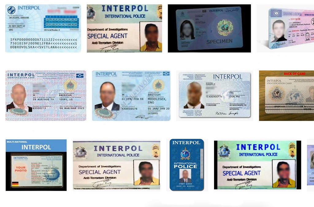 INTERPOL n’envoie pas d’agents en mission d’infiltration : ses agents se déplacent uniquement à la demande d’un pays membre. Si vous voyez que quelqu’un utilise une fausse carte d’identité INTERPOL comme celles-ci, signalez-le.